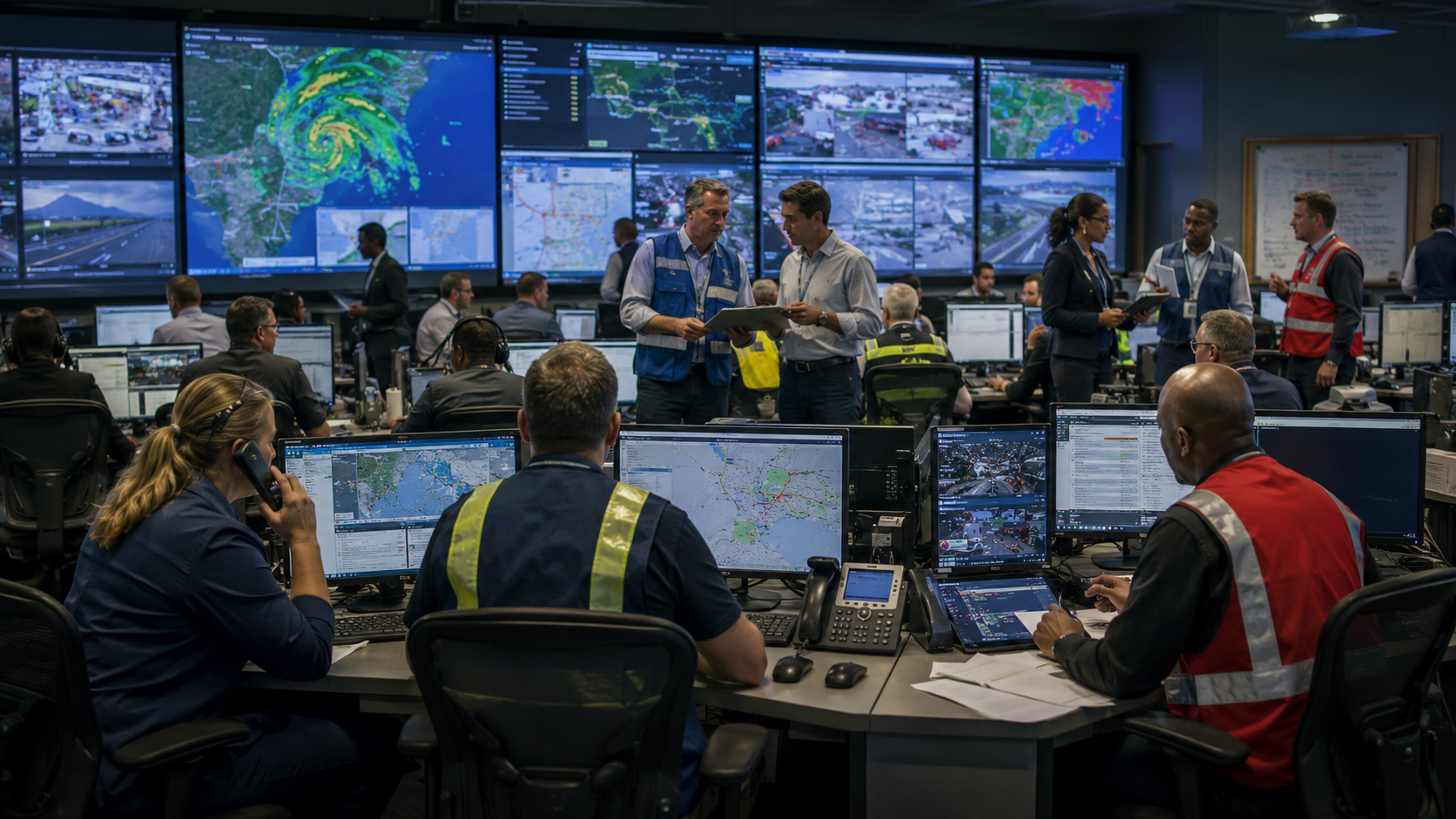 Emergency operations center team monitoring weather, traffic, and response information