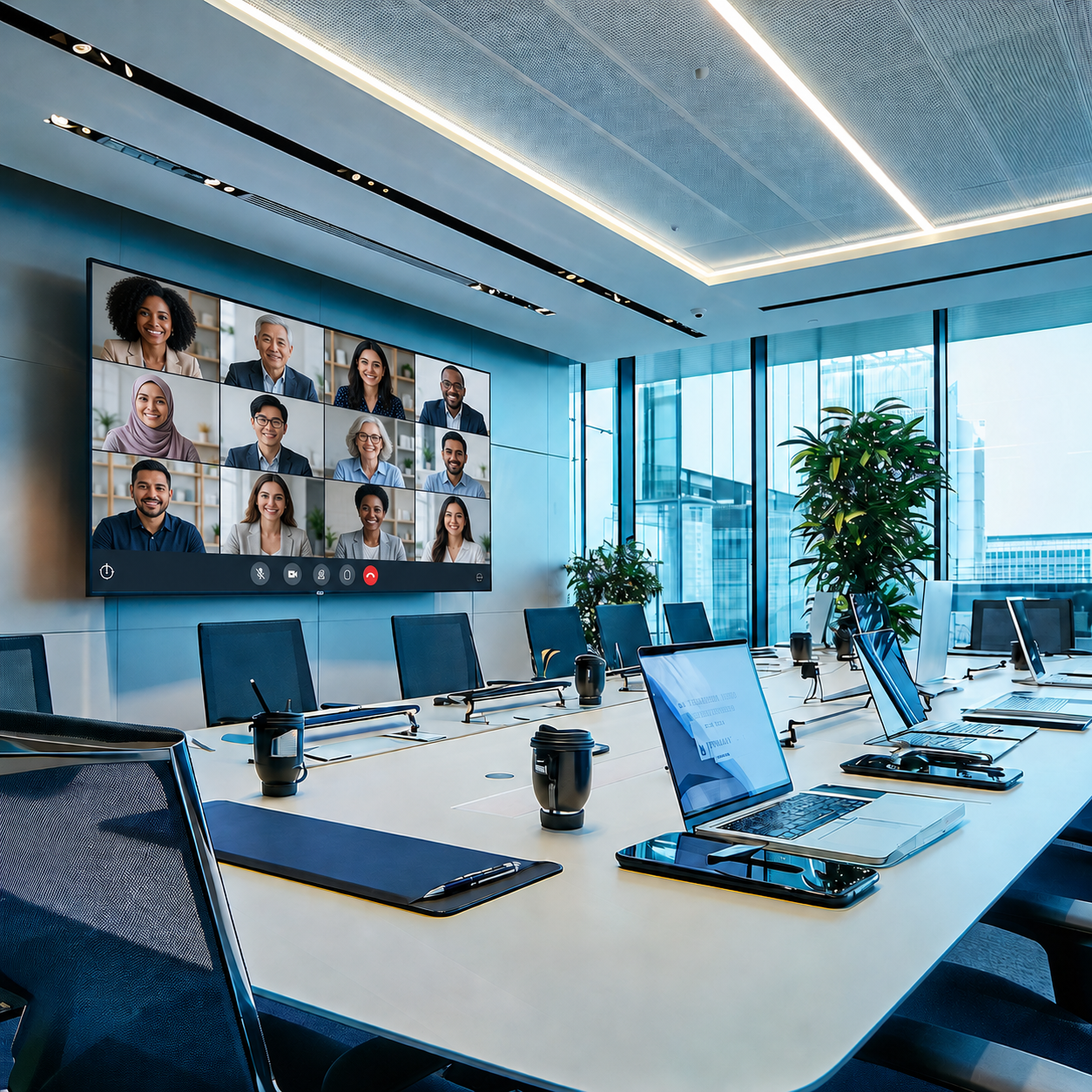 Virtual meeting displayed in a modern conference room